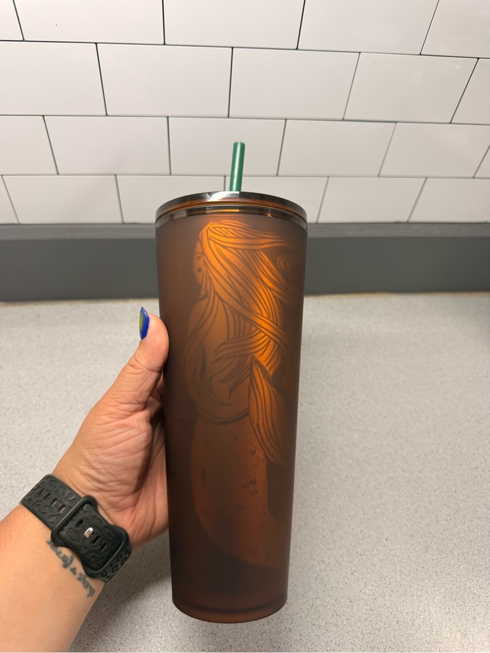 Starbucks Matte Brown Tumbler with Green Straw and Mermaid Design
